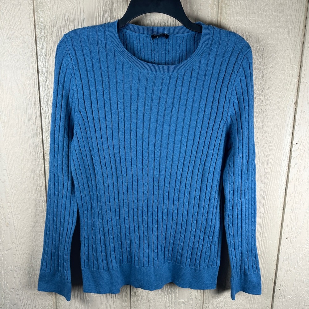 Talbots Cable Knit Sweater Size XLp Blue Crew Neck Cotton Wool Blend Long Sleeve